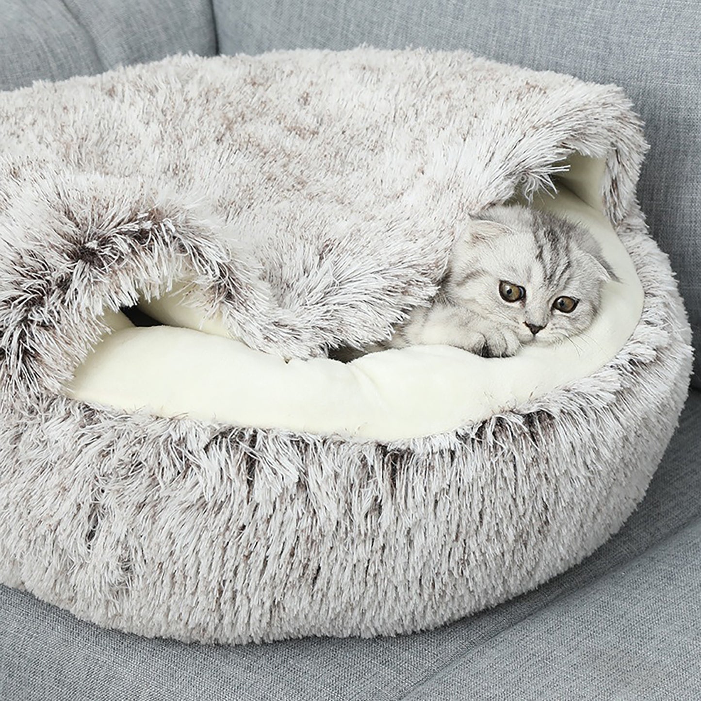 Luxurious Plush Round Cat Bed Cat Bed Round Soft Plush Burrowing Cave Hooded Cat Bed Donut For Dogs Cats - Semi-Enclosed For Cozy Warmth, Easy-Clean Durable Design, Ideal For Winter Comfort