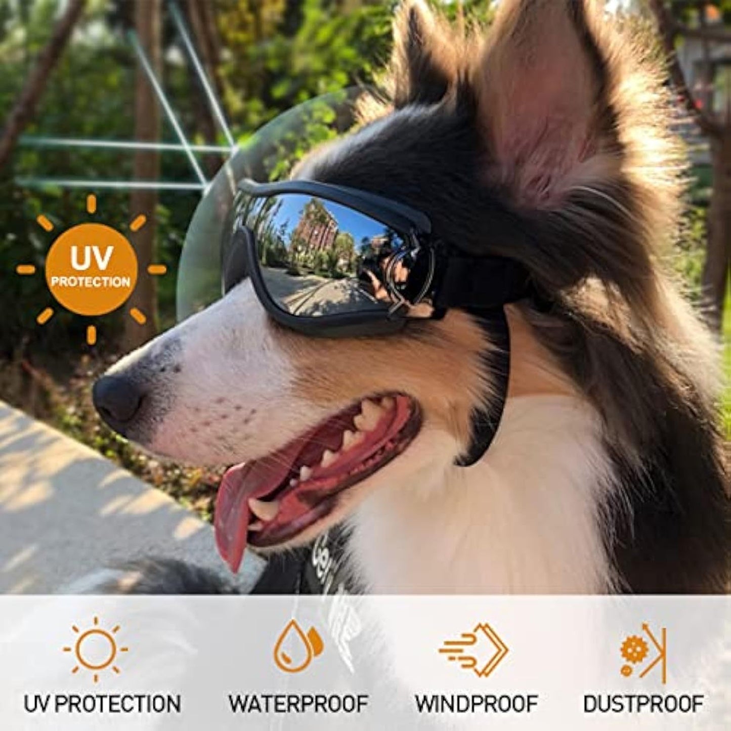 Elegantes gafas de sol para perros a prueba de viento, hermosas gafas para mascotas para razas grandes y medianas con protección solar, antivaho y correa ajustable para conducir, nadar, surfear 