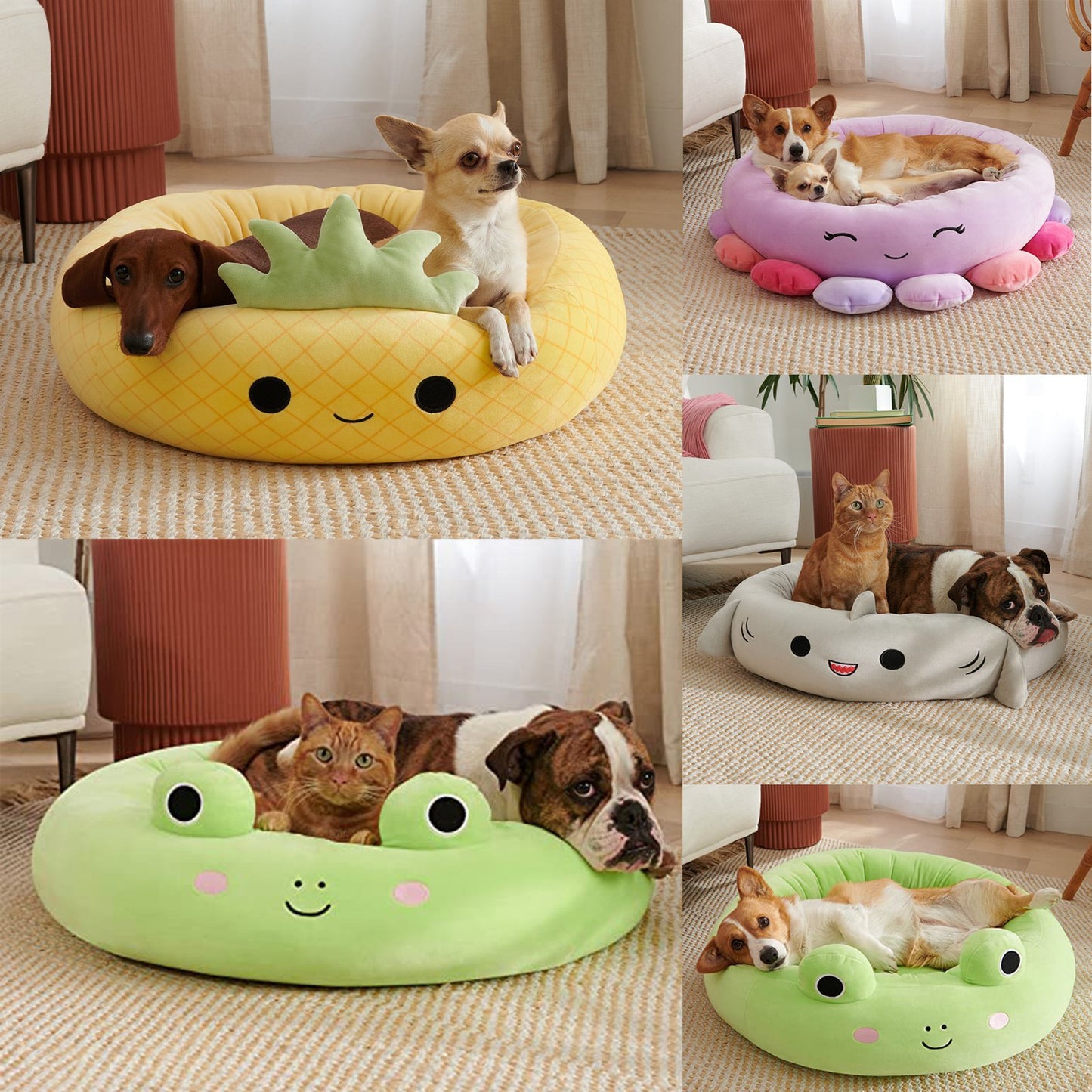 Cama para mascotas de felpa súper suave con animales y frutas