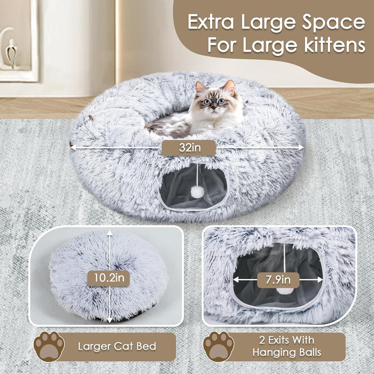 Lit tunnel pour chat pour chats d'intérieur Peekaboo Cat Cave avec tapis de jeu doux lavable Tube en fourrure pour chat pour chaton chiot lapin gris