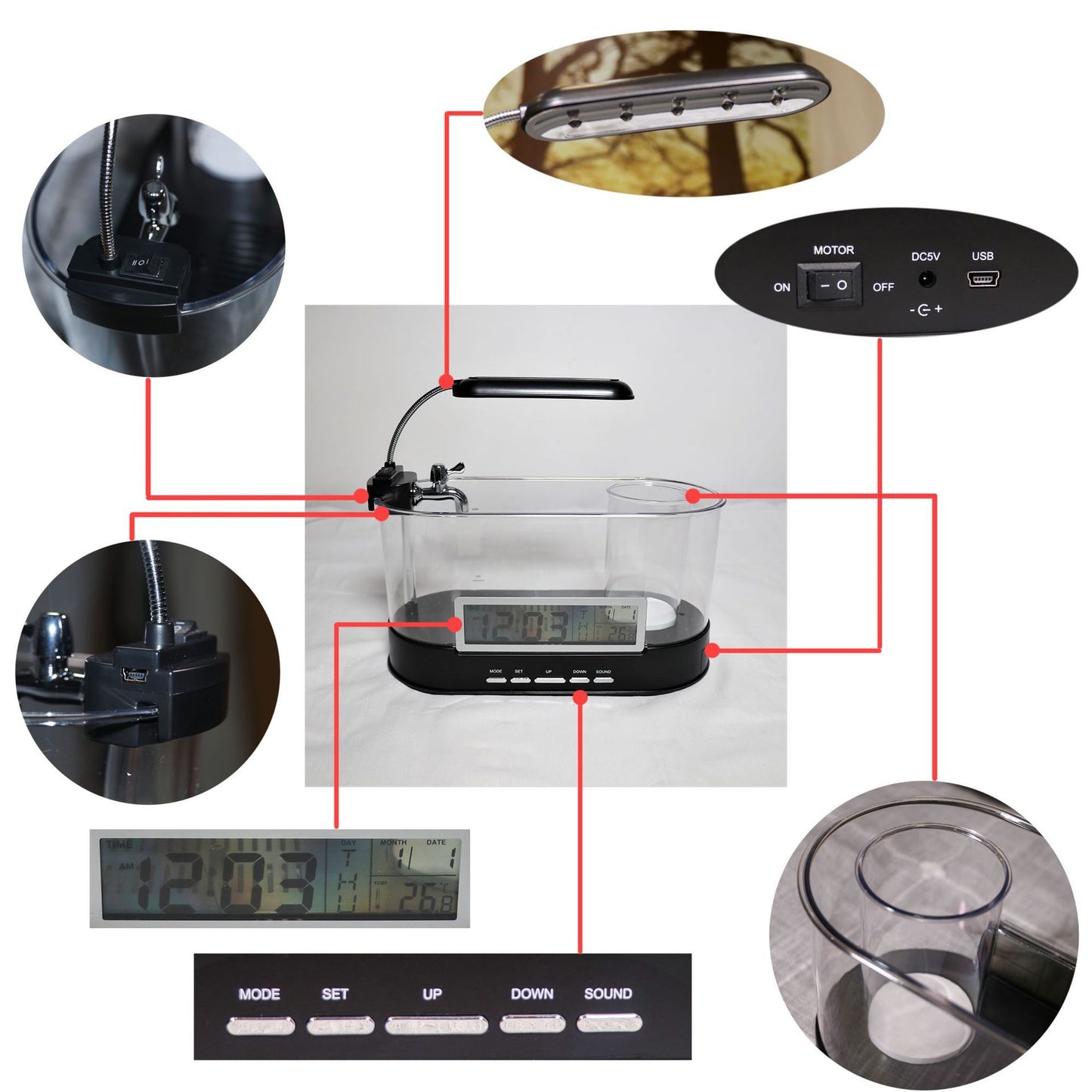 USB Desktop Streaming Mini Acuario Hora Fecha Semana Temperatura Alarma Transparente Portalápices