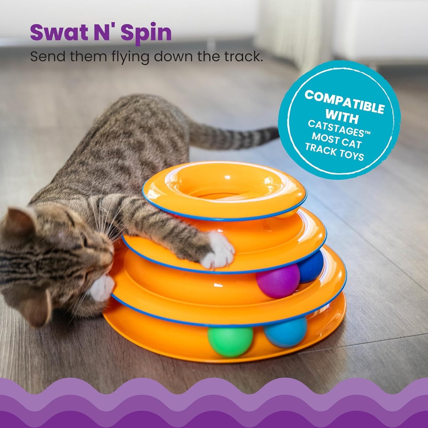 Pista de juguete interactiva para gatos de 3 niveles con bolas giratorias Tower Of Tracks de Catstages, color naranja