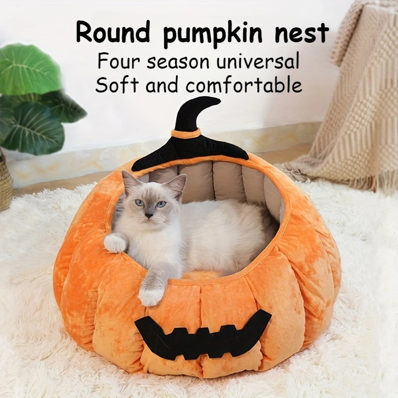 Cama para gatos acogedora con forma de calabaza de Halloween, cálida cama para mascotas con diseño de diablo de dibujos animados, nido de felpa suave para gatos y perros pequeños, para invierno y otoño 