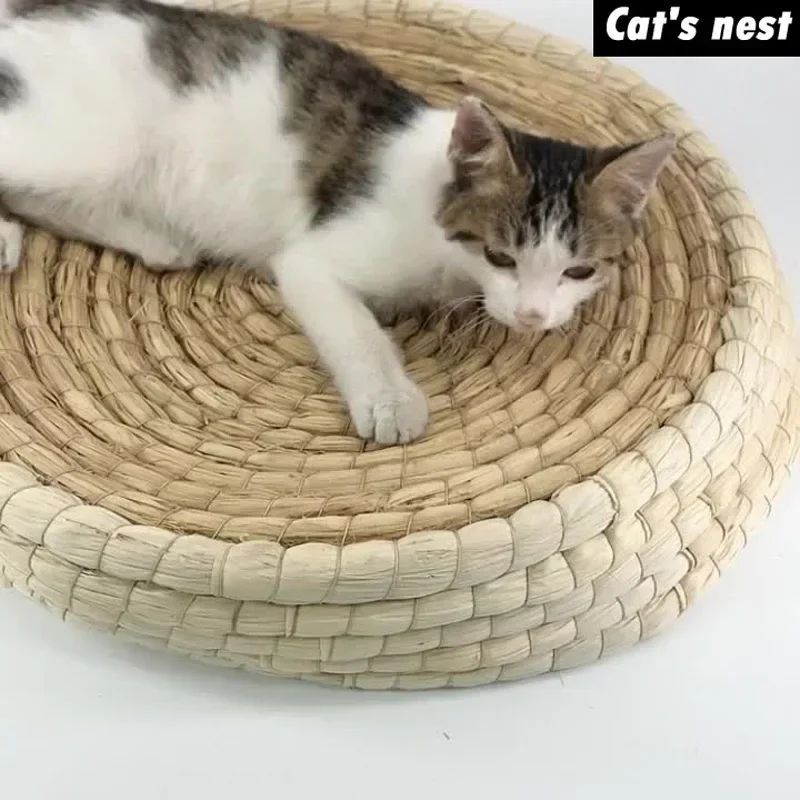 Cama tejida de paja para gatos, Nido de Pájaro, rascador para gatos, nido para mascotas en forma de cuenco, suministros de juguete para gatos, perrera tejida a mano, cama de paja para gatos