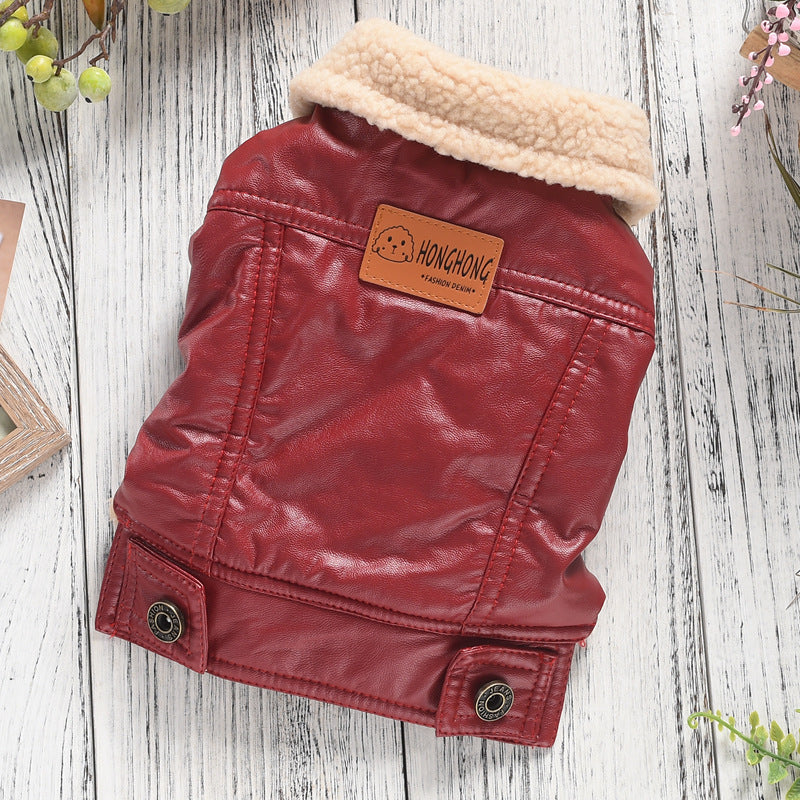 Two-legged PU Pet Leather Coat Autumn And Winter Fleece-lined Warm