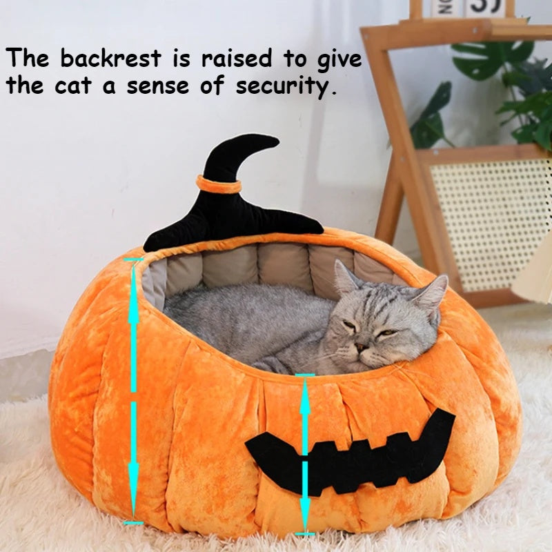 Cama para gatos acogedora con forma de calabaza de Halloween, cálida cama para mascotas con diseño de diablo de dibujos animados, nido de felpa suave para gatos y perros pequeños, para invierno y otoño 