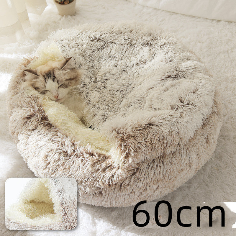 Lit d'hiver 2 en 1 pour chien et chat, lit rond en peluche chaud, maison douce et longue en peluche pour animaux de compagnie