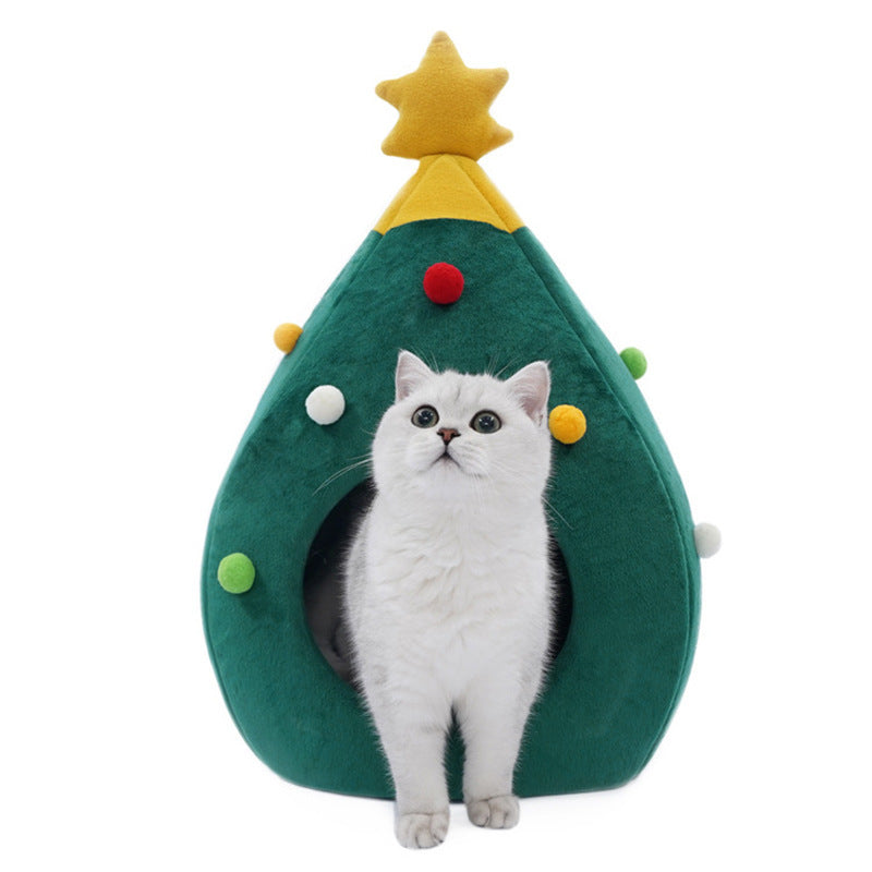 Christmas Cat And Dog Nest Warm Comfortable Plush Teddy Pet Bed Cave Bed Shape Tree Cat Nest Detachable And Washable Pet Supplies