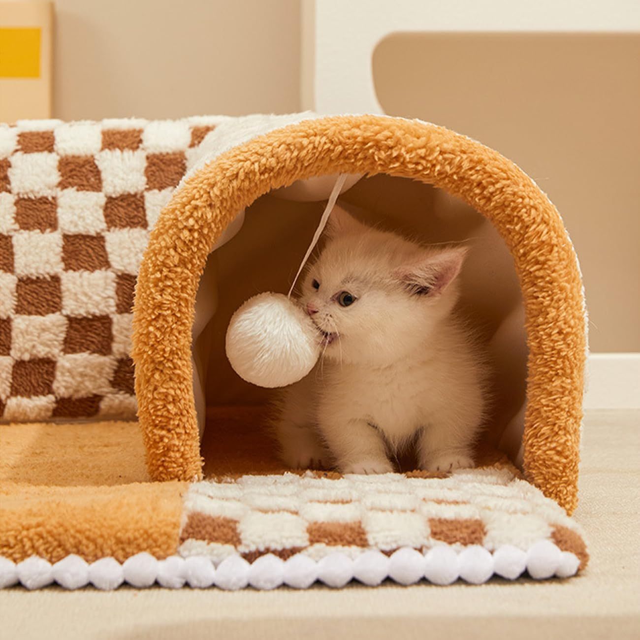 Cama tipo túnel 2 en 1 para perros y gatos, bonita cama para mascotas con forma de abanico, divertida y a cuadros de felpa