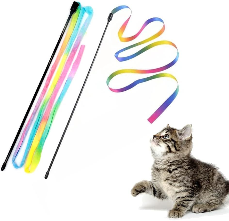 Varita interactiva de arcoíris para gatos, varita interactiva para gatos, cinta colorida, encantador para la mayoría de los gatos