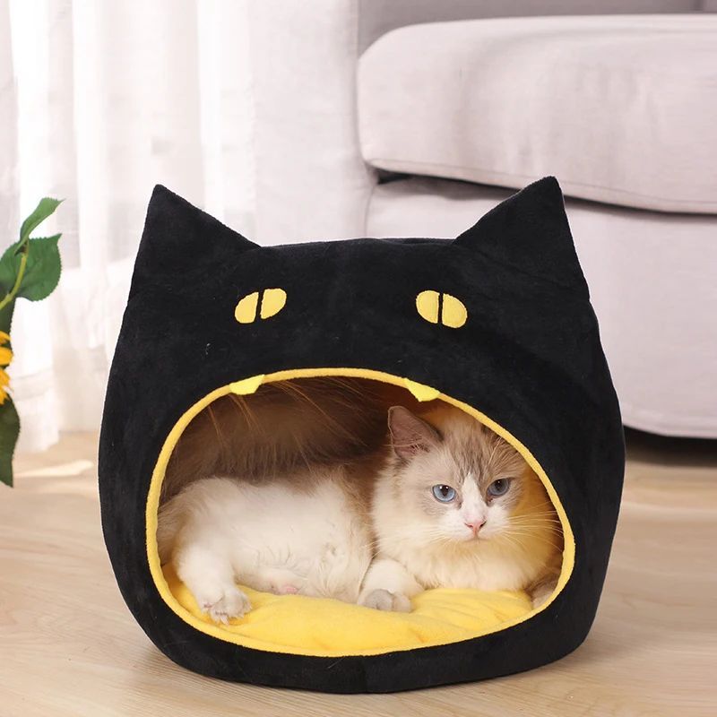 Cama suave y cálida para gatos, diseño con forma de gato, caseta para mascotas, cama acogedora para perros pequeños, canasta para gatitos para decoración de Halloween