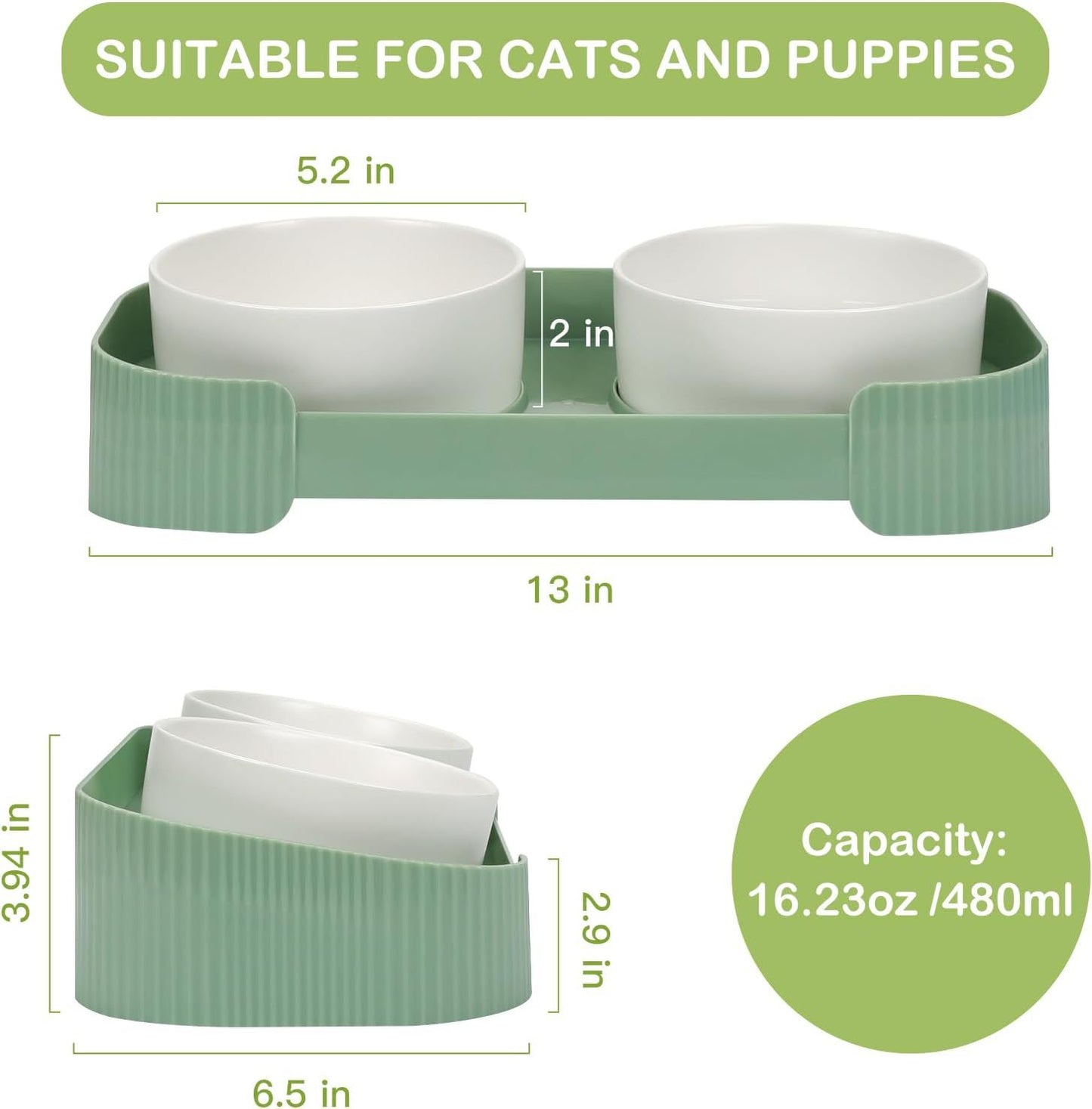 Cuencos elevados de cerámica para gatos de interior, 15 cuencos elevados para comida y agua para gatos con soporte inclinado y antivómitos, cuencos elevados para gatos con cuenco antideslizante, cuencos antiderrames para gatos y cachorros