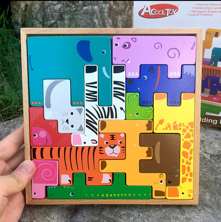 Wooden animal building block toys puzzle for children