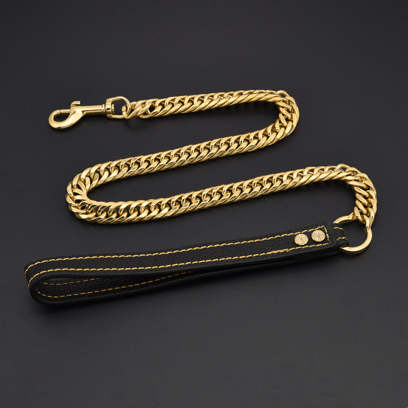 17MM Wide Double Six-sided Grinding Titanium Steel Stainless Steel Pet Dog Chain Leather Leash