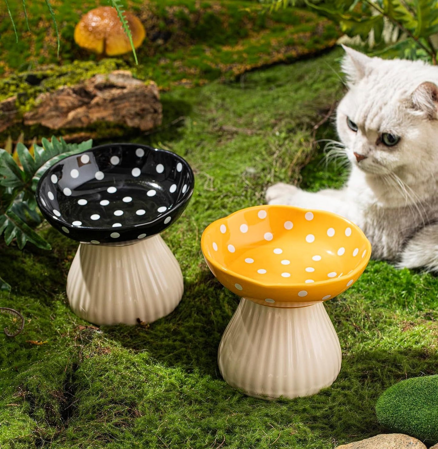 Bol pour chat surélevé en forme de champignon avec un joli design à pois et un matériau en céramique sûr pour les petits animaux de compagnie 