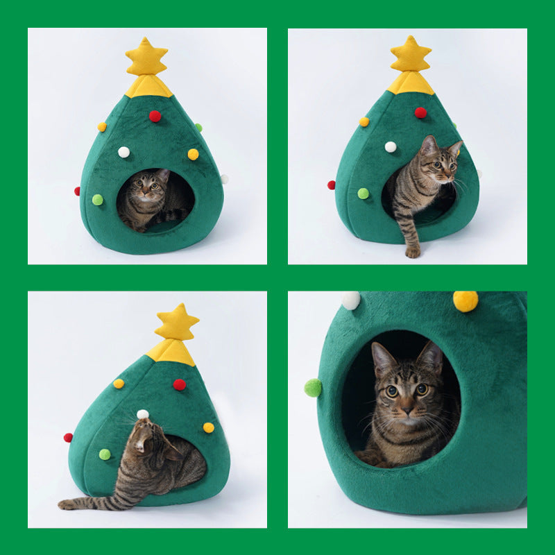 Christmas Cat And Dog Nest Warm Comfortable Plush Teddy Pet Bed Cave Bed Shape Tree Cat Nest Detachable And Washable Pet Supplies