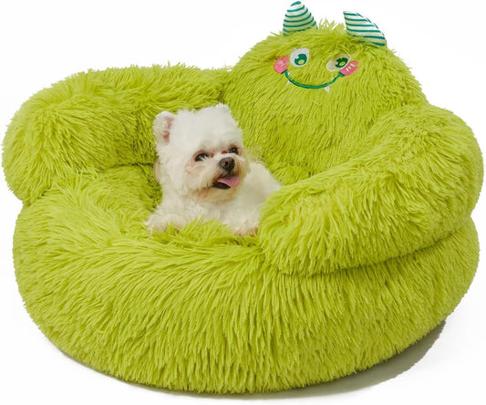 Bonita cama relajante para perros y gatos, para interiores, con cojín alto, tipo donut, cómoda y afelpada, ideal para perros y gatos pequeños, con dibujos animados, suave, color verde