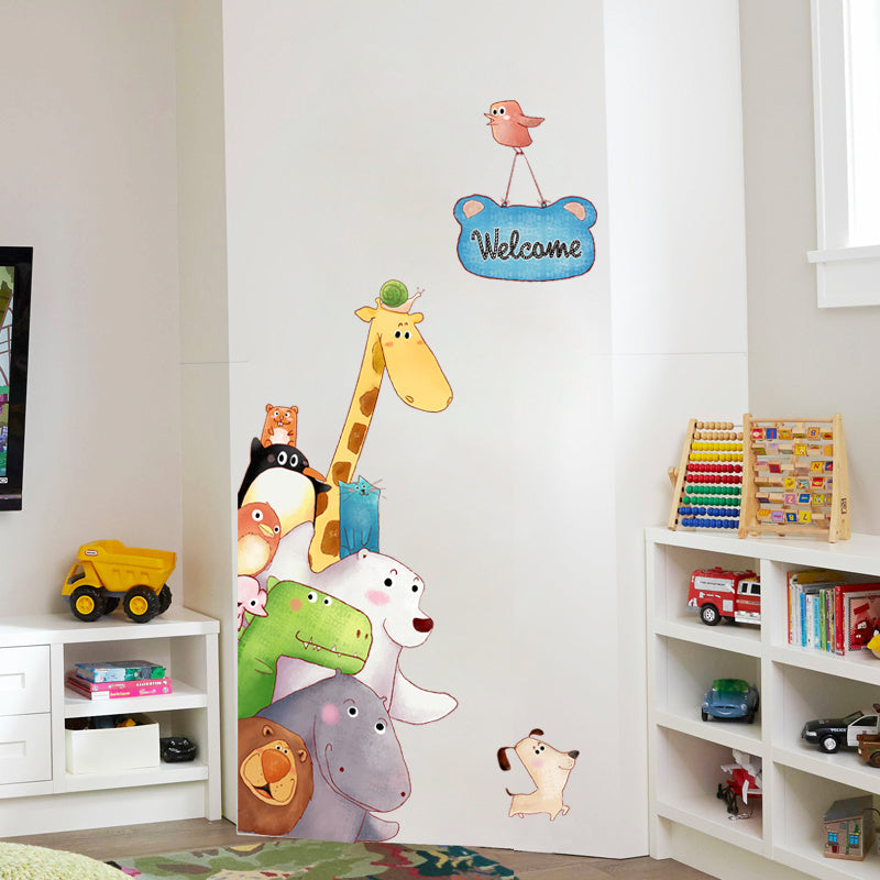 Autocollant mural en vinyle pour porte de bienvenue, Animal de dessin animé girafe, décoration de chambre de bébé pour enfants