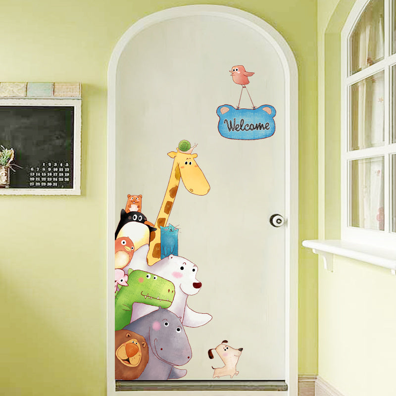 Autocollant mural en vinyle pour porte de bienvenue, Animal de dessin animé girafe, décoration de chambre de bébé pour enfants