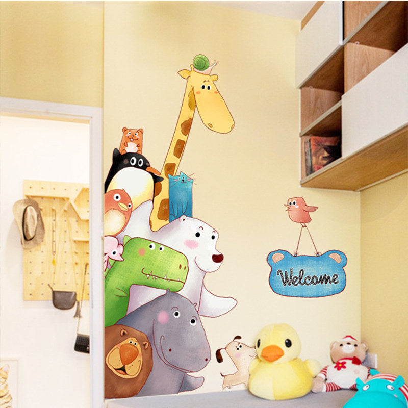 Autocollant mural en vinyle pour porte de bienvenue, Animal de dessin animé girafe, décoration de chambre de bébé pour enfants