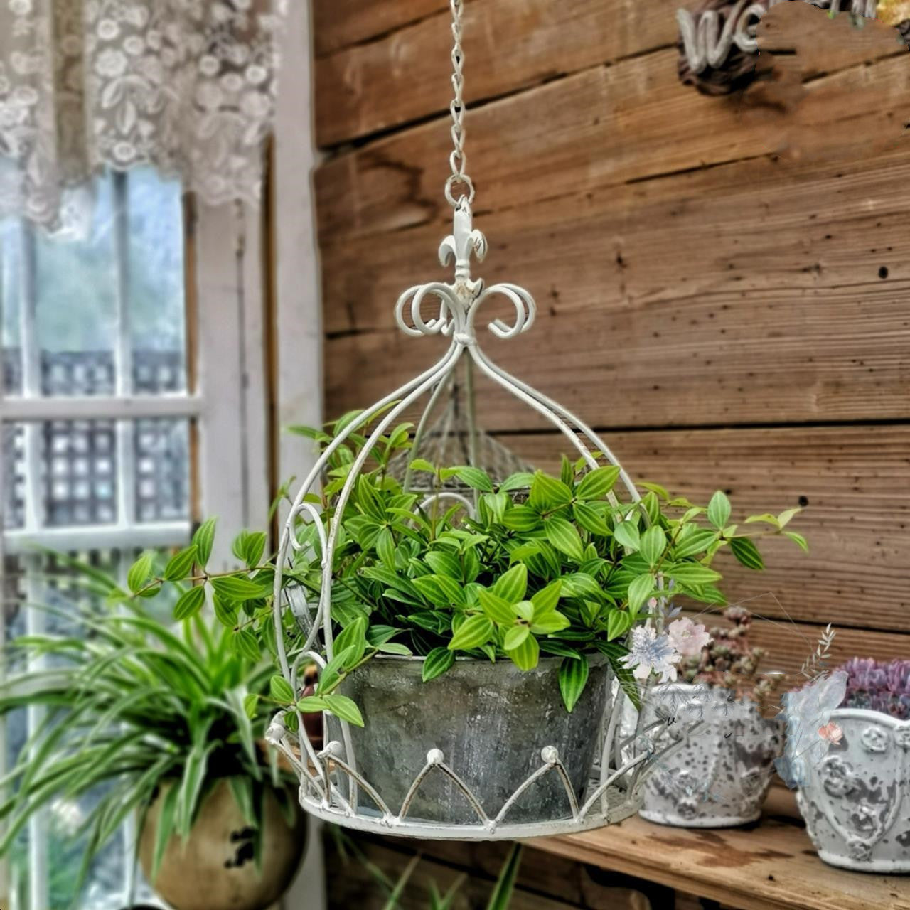 Panier suspendu en fer forgé, décoration de niveau d'espace de balcon de jardin de cour, support de fleurs en pot suspendu