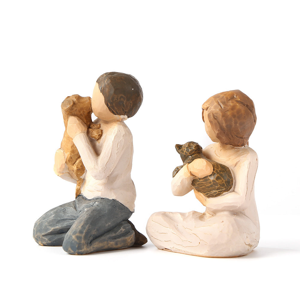 Boys And Girls Hug Pets Home Decoration Resin Ornaments