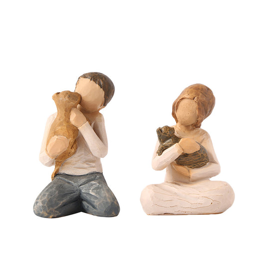 Boys And Girls Hug Pets Home Decoration Resin Ornaments