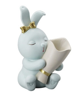 Wholesale Animal Tabletop Decoration Resin Kawaii Rabbit Vase Set Vase Blanc Ceramique Bunny Sculpture Living Room Decoration