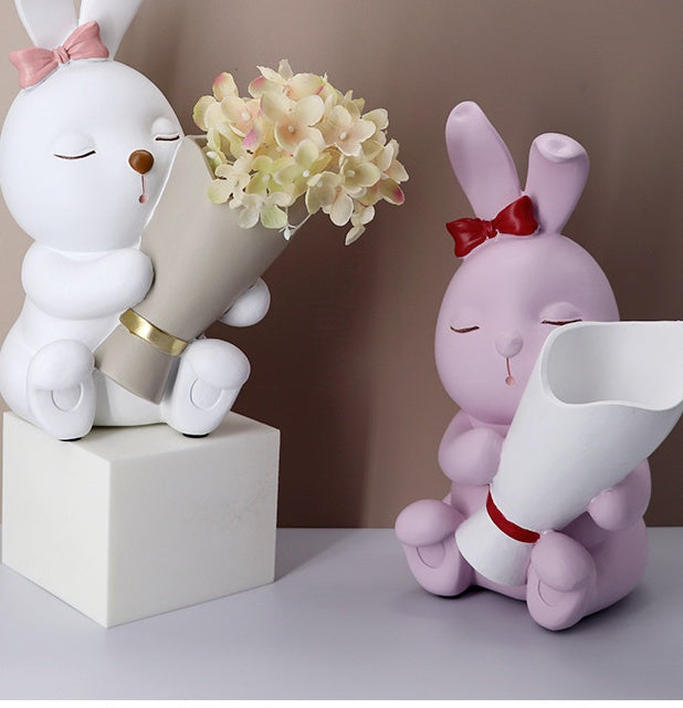 Wholesale Animal Tabletop Decoration Resin Kawaii Rabbit Vase Set Vase Blanc Ceramique Bunny Sculpture Living Room Decoration