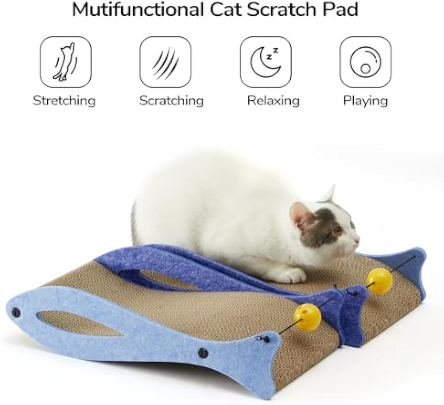 Rascador para gatos con forma de pez, almohadillas para rascar para gatos, rascador de cartón para gatos, rascador duradero para gatos con pelota de juguete para gatos de interior