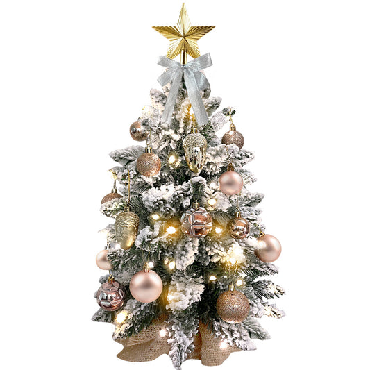 2ft Mini Christmas Tree With Light Artificial Small Tabletop Christmas Decoration With Flocked Snow, Exquisite Decor & Xmas Ornaments For Table Top For Home & Office