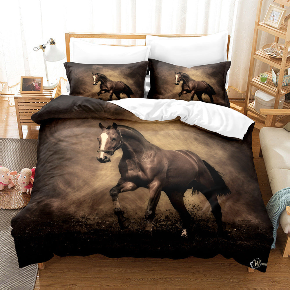 Animal Horse Pattern 3-piece Quilt Cover Set Coral Fleece Home Textile