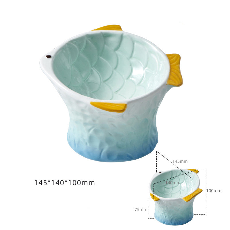 Comedero de cerámica para gatos con forma de pez, cuencos elevados, poco profundos, en ángulo, antideslizantes, cuenco antifatiga para bigotes, comedero inclinado para mascotas
