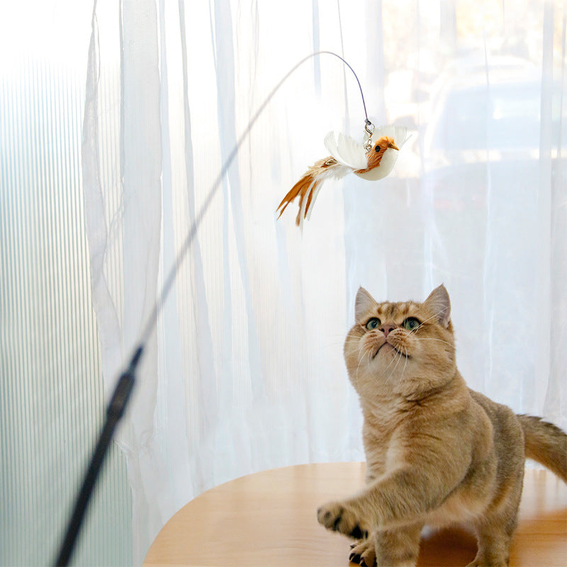 Pájaro de imitación con ventosa, pluma, alambre de acero largo, soporte para cepillo largo, palo para gato, cabeza de repuesto, juguete para gato, mascota