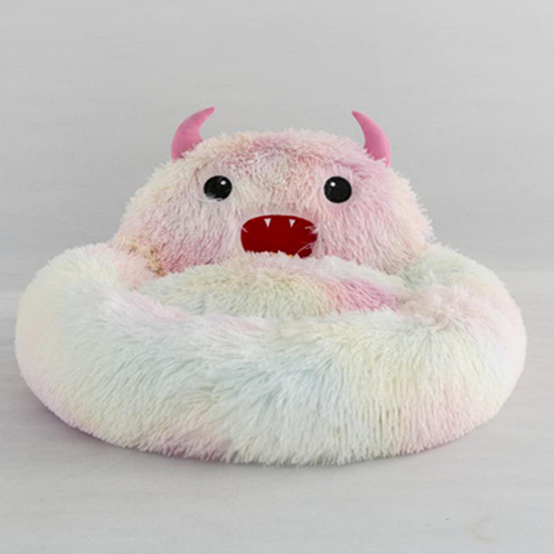 Cute Round Cat Bed Soft Long Plush Cartoon Animal Embroidery Nest Winter Warm Sleeping Mat