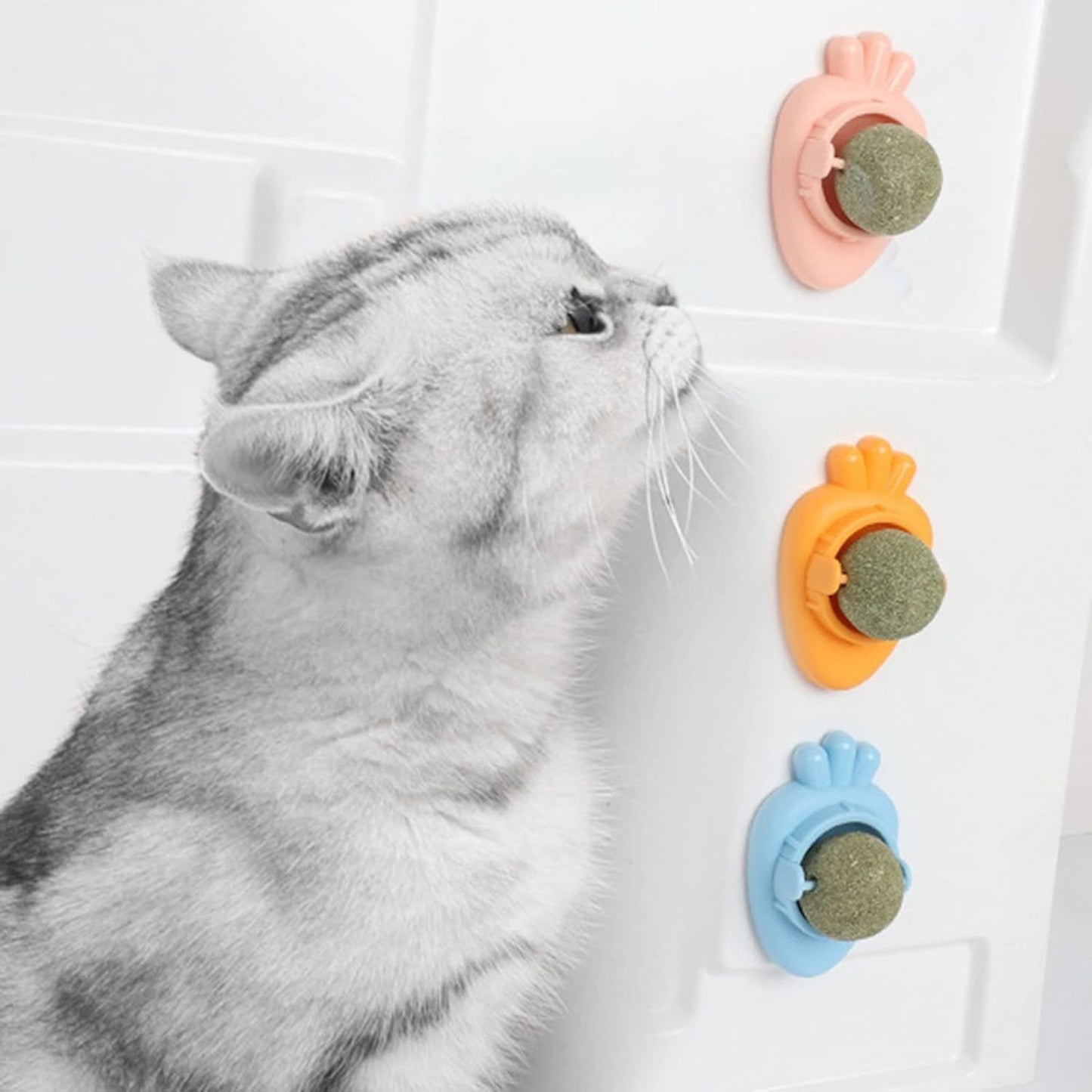 Juguetes de hierba gatera autoadhesivos con forma de zanahoria, bolas de hierba gatera para gatos de interior, bolas de menta para montar en la pared para limpiar los dientes de los gatos, color azul