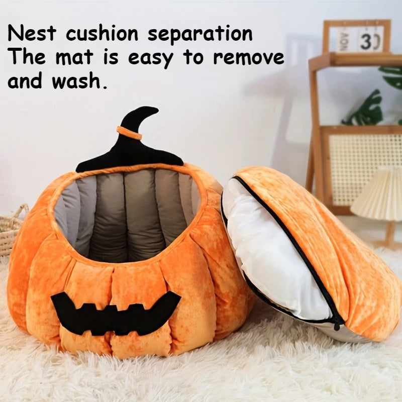 Cama para gatos acogedora con forma de calabaza de Halloween, cálida cama para mascotas con diseño de diablo de dibujos animados, nido de felpa suave para gatos y perros pequeños, para invierno y otoño 