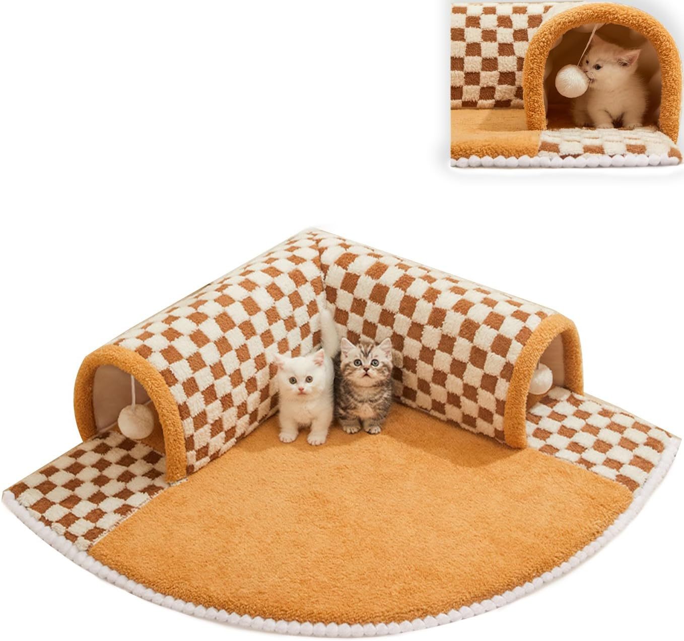 Divertida cama túnel para gatos a cuadros de felpa Cama túnel para gatos con tapete central Cama túnel para gatos a cuadros de felpa Túnel con cremallera para gatos de interior