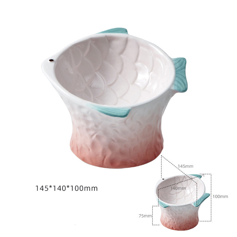 Comedero de cerámica para gatos con forma de pez, cuencos elevados, poco profundos, en ángulo, antideslizantes, cuenco antifatiga para bigotes, comedero inclinado para mascotas