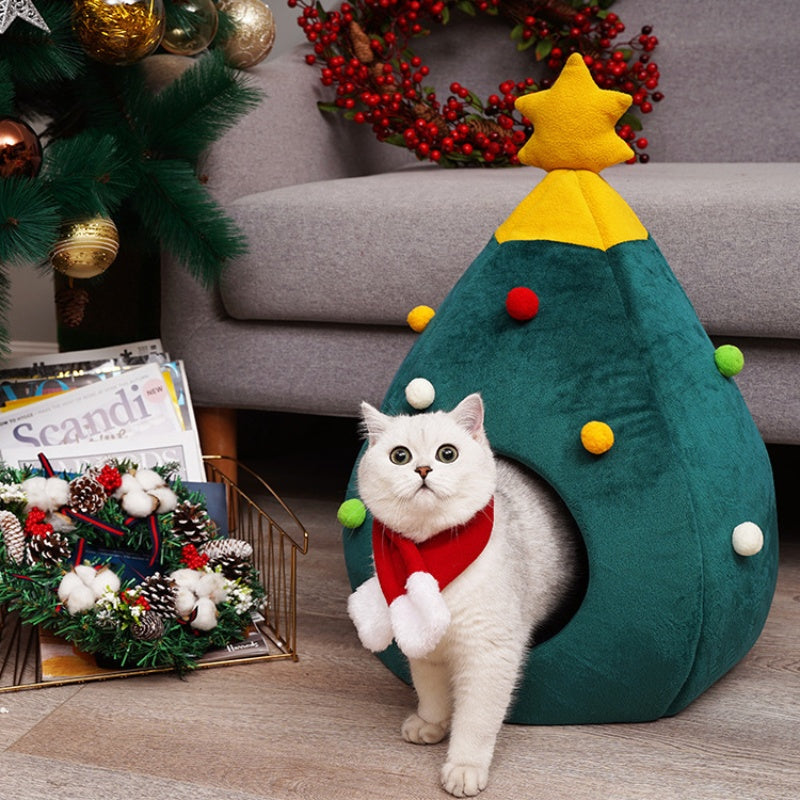 Christmas Cat And Dog Nest Warm Comfortable Plush Teddy Pet Bed Cave Bed Shape Tree Cat Nest Detachable And Washable Pet Supplies