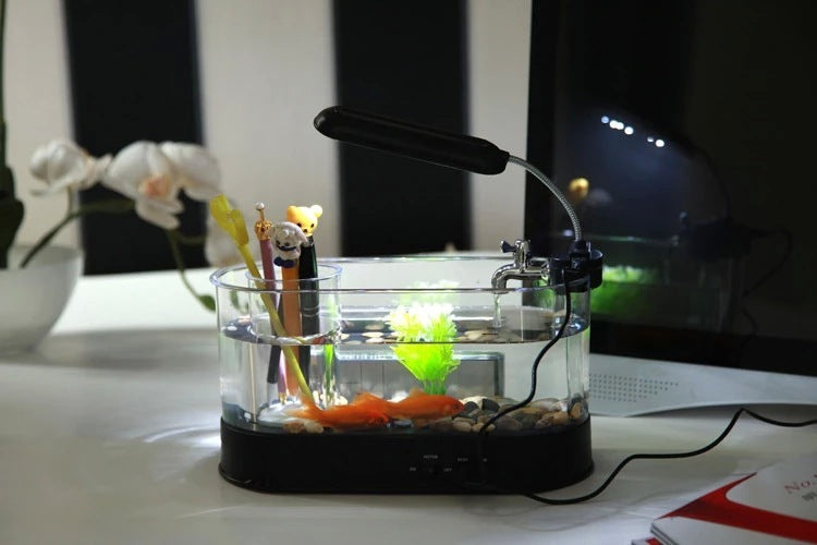 Mini Aquarium de bureau USB, heure, Date, semaine, alarme de température, porte-stylo Transparent