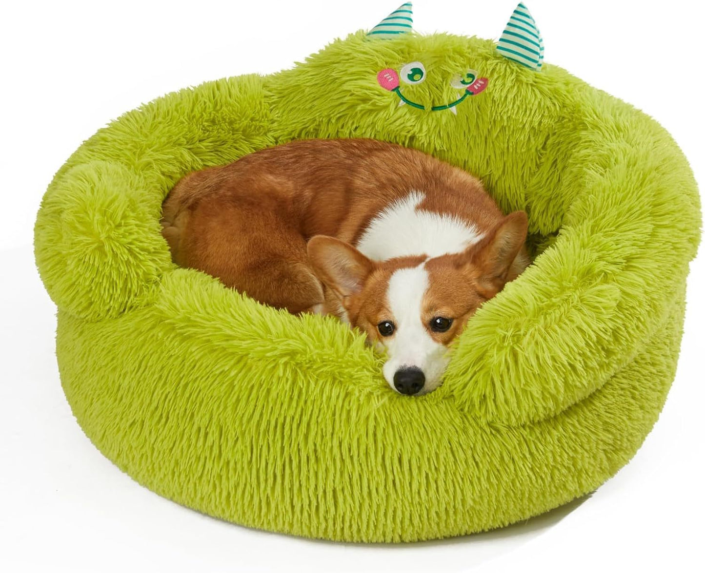 Bonita cama relajante para perros y gatos, para interiores, con cojín alto, tipo donut, cómoda y afelpada, ideal para perros y gatos pequeños, con dibujos animados, suave, color verde