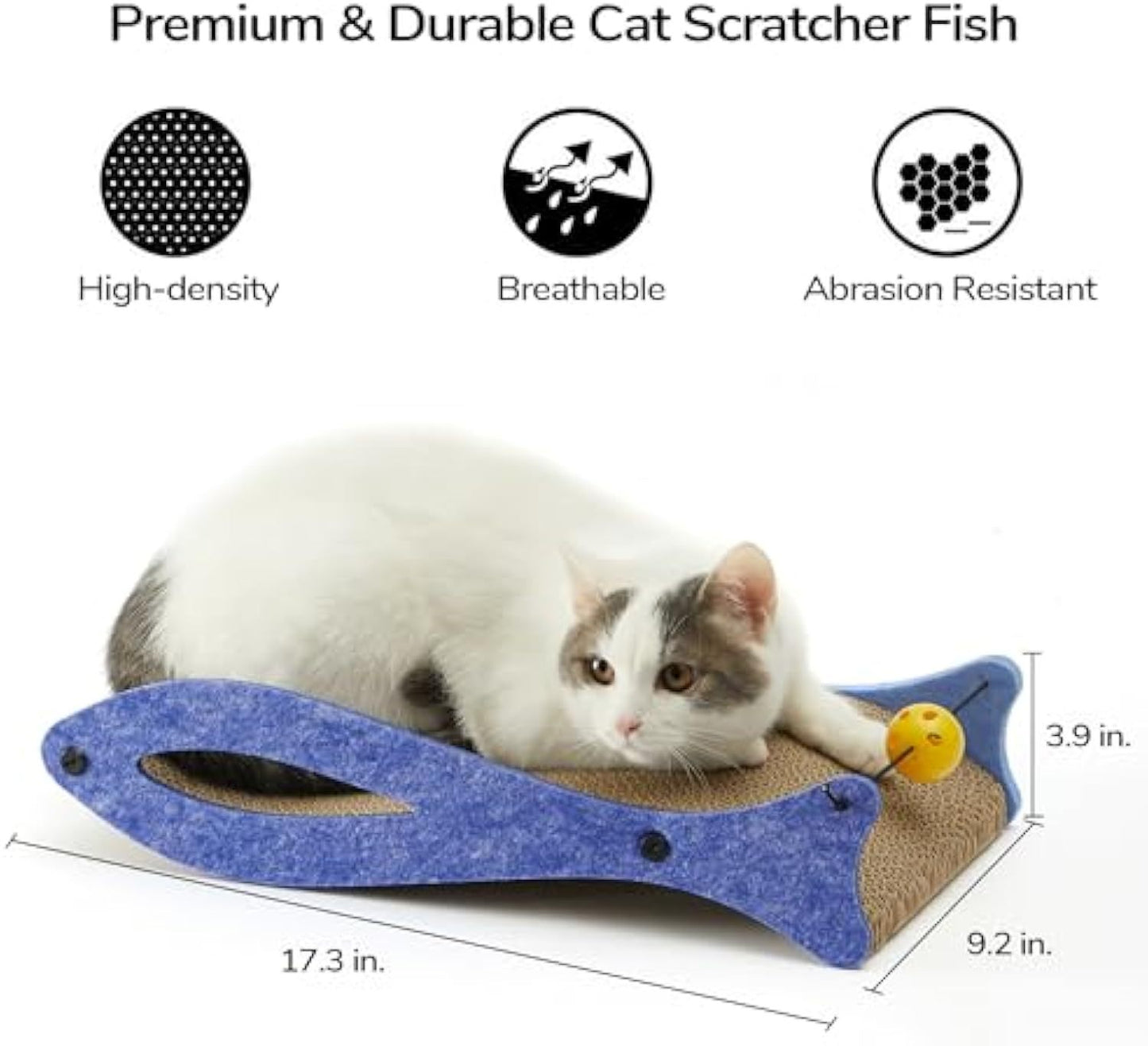 Rascador para gatos con forma de pez, almohadillas para rascar para gatos, rascador de cartón para gatos, rascador duradero para gatos con pelota de juguete para gatos de interior