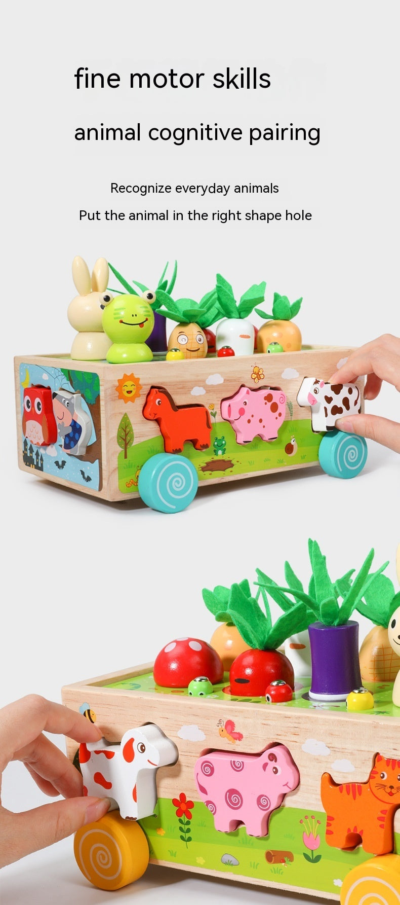 Coche de animales de granja de madera que tira de rábanos, juguete educativo para atrapar insectos