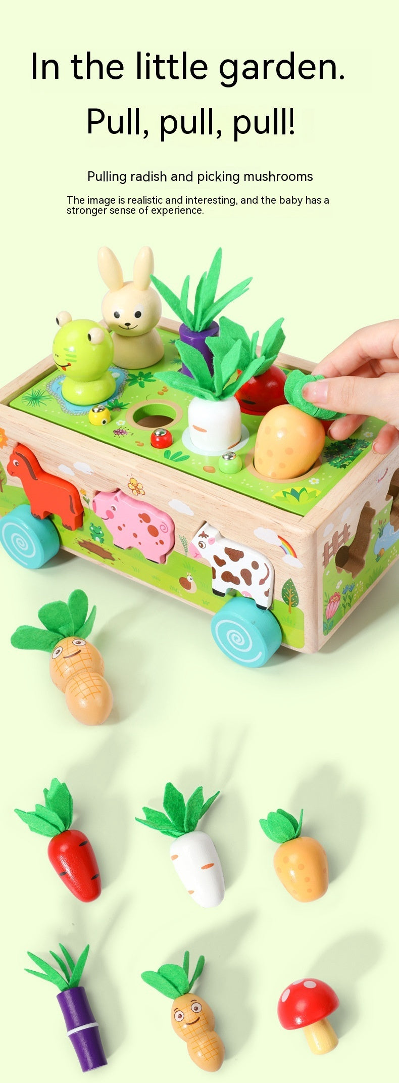 Wooden Farm Animal Car Pulling Radishes Bug Catching Educational Toy