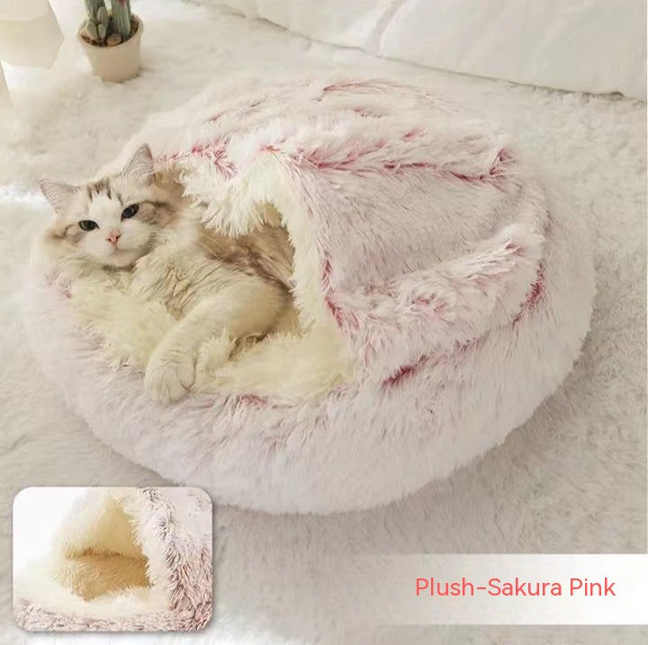 Lit d'hiver 2 en 1 pour chien et chat, lit rond en peluche chaud, maison douce et longue en peluche pour animaux de compagnie