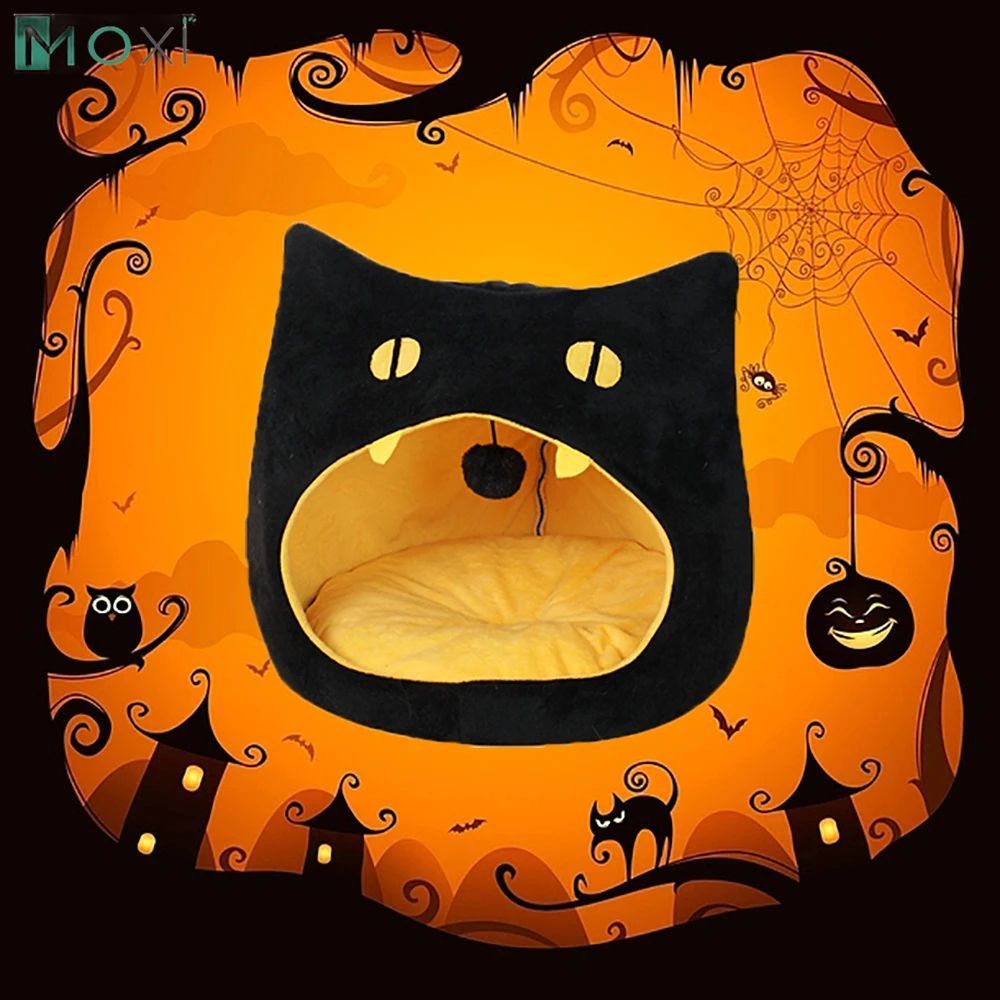 Cama suave y cálida para gatos, diseño con forma de gato, caseta para mascotas, cama acogedora para perros pequeños, canasta para gatitos para decoración de Halloween