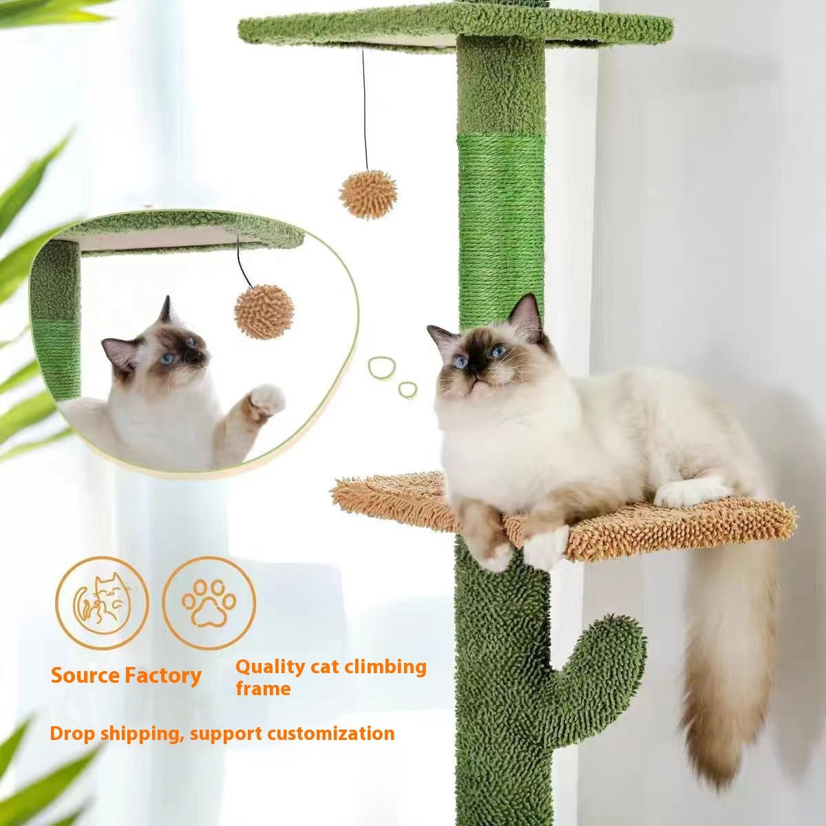 Árbol para gatos con forma de cactus, rascador integrado para gatos, juguete para gatos, estructura de escalada de madera maciza con alivio automático