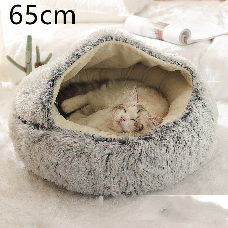 Lit d'hiver 2 en 1 pour chien et chat, lit rond en peluche chaud, maison douce et longue en peluche pour animaux de compagnie