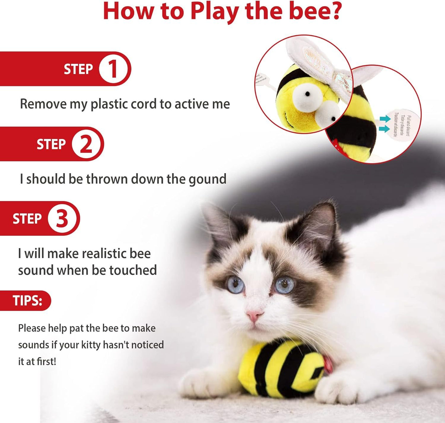 Juguete con sonido de abeja chirriante para gatos, juguetes interactivos con chirridos para gatos, Melody Chaser, juguete para jugar y chirriar para gatitos para el aburrimiento